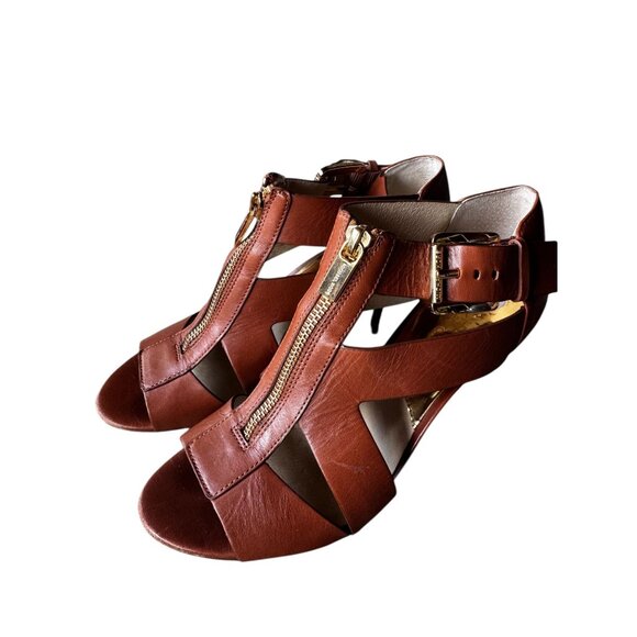Michael by Michael Kors Womens 7.5M Anya Brown Leather Zipper Buckle Strap Heels - Picture 3 of 13